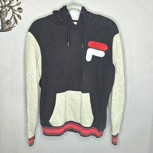 FILA Mens Medium Pullover Hoodie Navy Gray Colorblock Big Chenille Logo Fleece